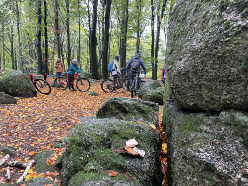 Gruppe Mountainbiker hinter Felsen auf dem Götzenstein