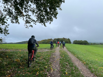 Gruppe Mountainbiker fährt über Feldweg davon