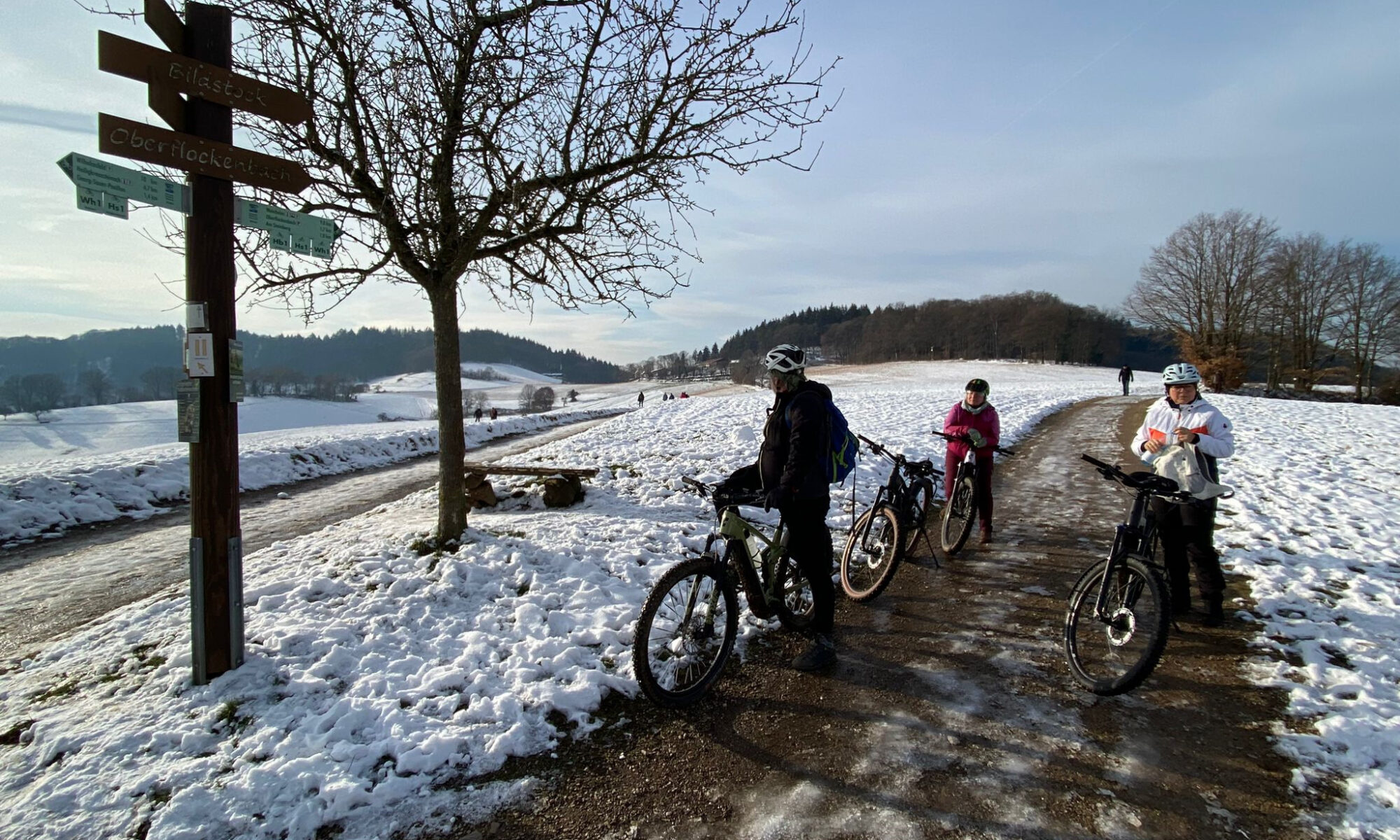 Gruppe Mountainbiker auf Tour Schnee