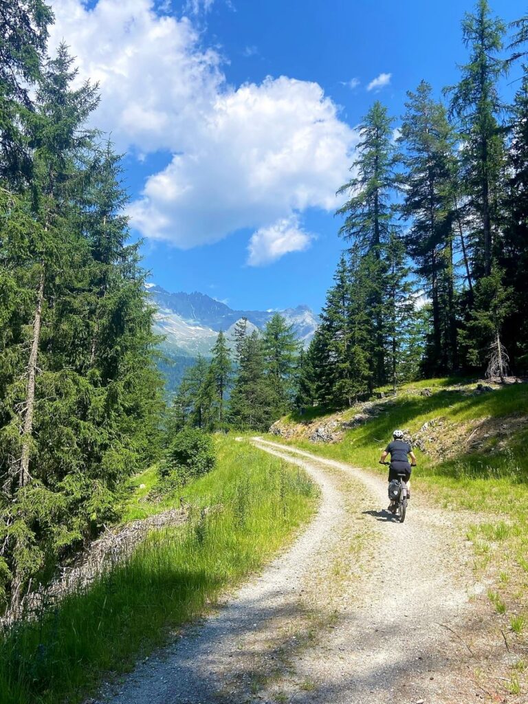 Radfahrerin auf Weg durch den Bergwald
