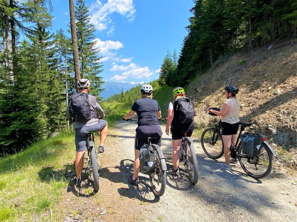 Gruppe Radfahrer im Bergwald zwischen Martina und Nauders