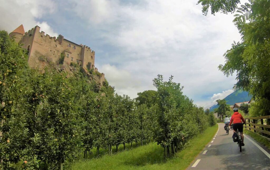 Radfahrerin auf dem Etschtalradweg vor einer Burg und Apfelbäumen